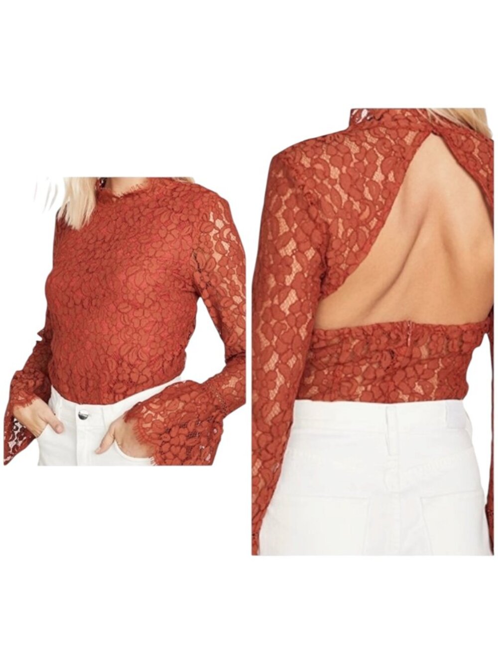 Endless Rose Bodysuit Women Small Orange Lace Cutout‎ Back Long Bel Sleeve NWT